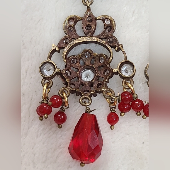 Antique Paste Chandelier Earrings With Clear & Red Stones ***READ DESCRIPTION*** - Picture 6 of 16